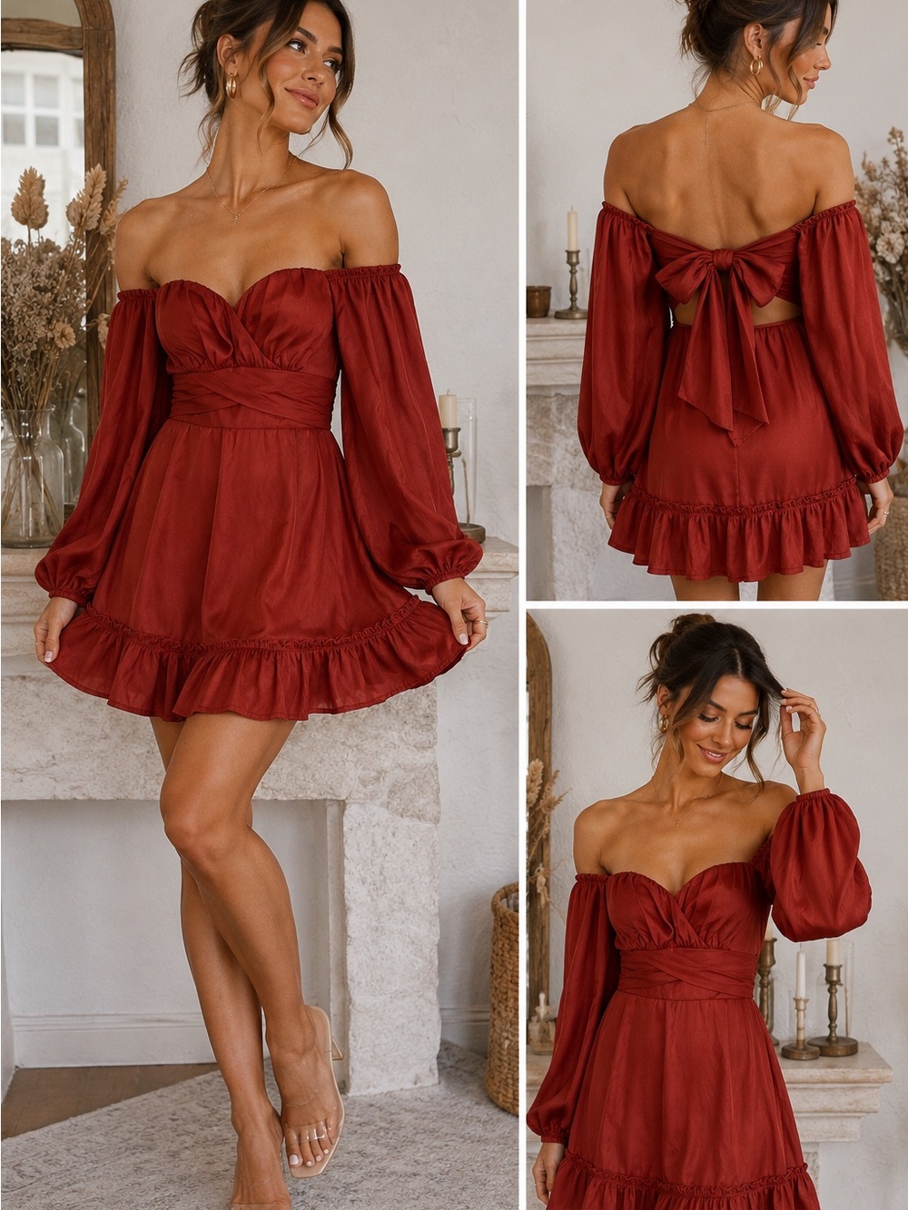 Altar’d State Rust Red Off Shoulder Balloon Sleeve Tie Back Mini Dress M